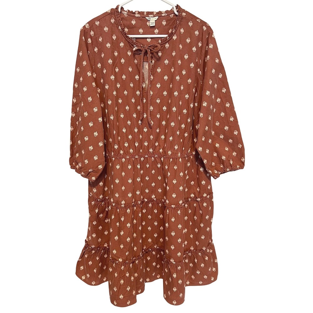 Cato Women 22/24W Cottage Tiered Corduroy Midi Dress 3/4 Sleeve Terracotta Boho